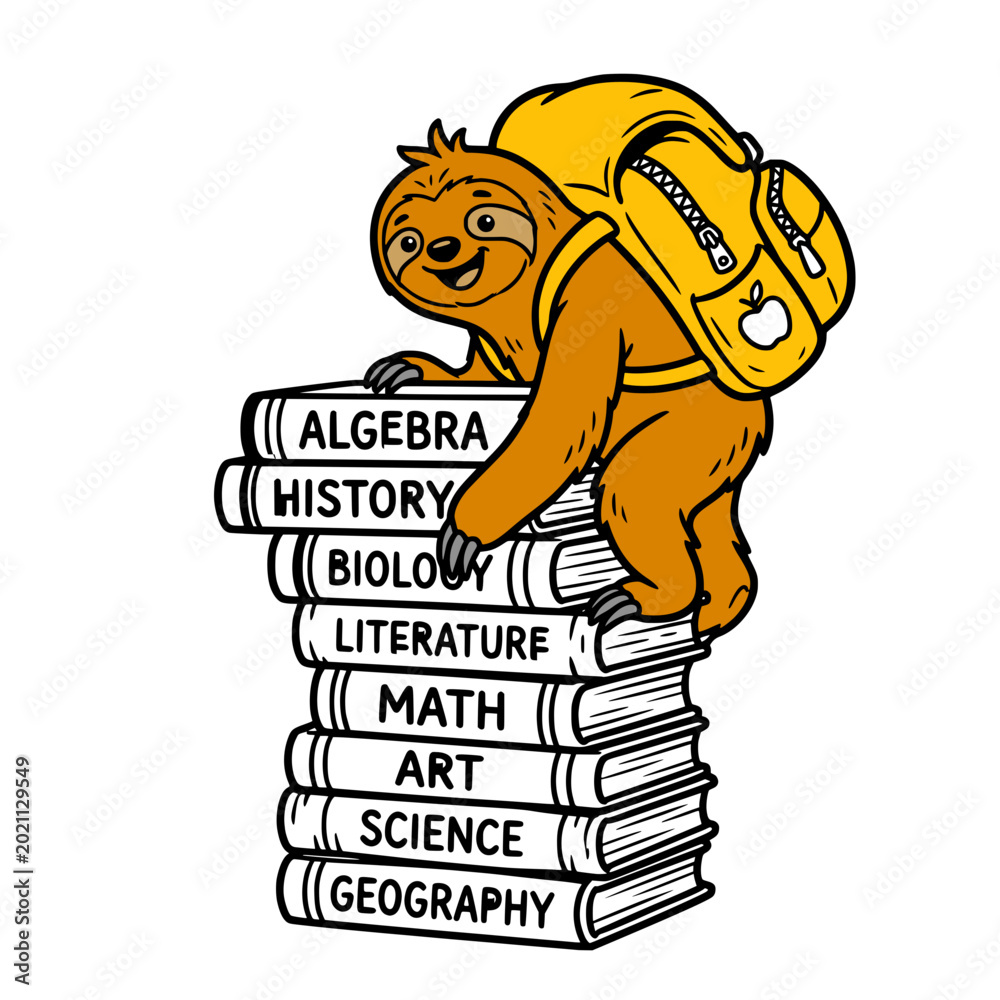 Naklejka premium Cute Sloth Climbing Stack of School Books Vector Illustration