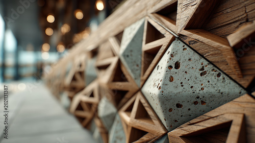 Modern geometric wooden wall design with concrete accents for interior decor and contemporary architecture