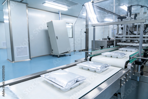 Automated packaging line in a sterile cleanroom environment for product manufacturing