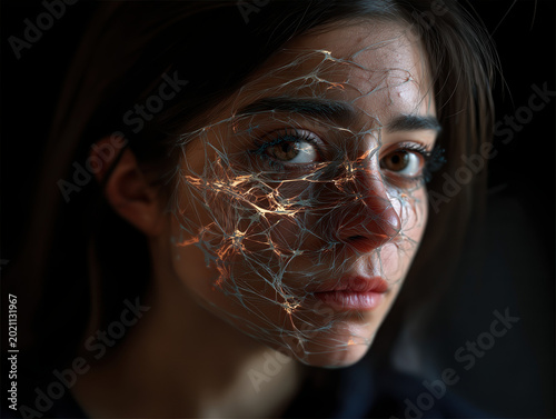Close-up portrait of a young woman with realistic spider web effects on her face against dark background