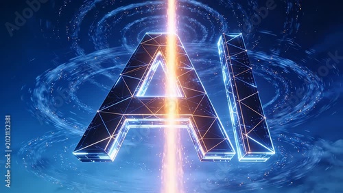 Glowing 3D AI letters with neon lines and vortex particle background
