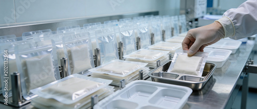 Quadro su tela Scientist in sterile gloves handling sealed pouches of white powder in a laborat