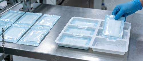 Canvas Print Sterile medical supplies being packaged and organized in a clean room environmen