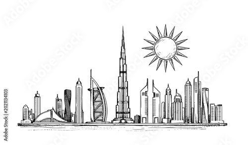 Dubai skyline hand drawn black and white cityscape vector illustration