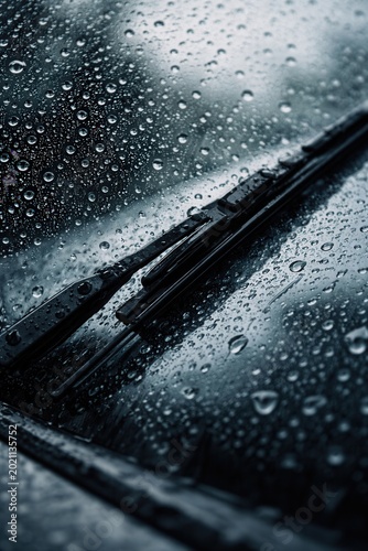 Rain drops on car windshield with wiper in motion creating moody weather driving visibility concept