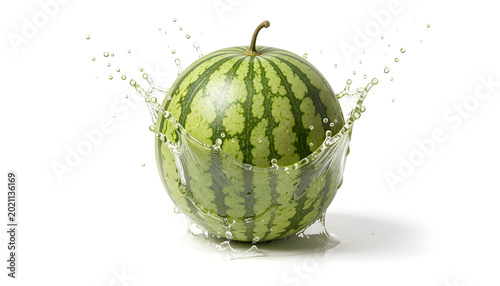 Watermelon being washed under running water in white background