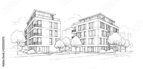 Hand drawn of modern apartment buildings with trees and sky architecture exterior