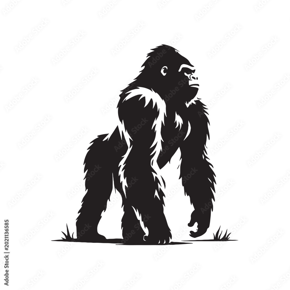 Fototapeta premium Gorilla vector silhouette, powerful silverback ape standing in profile, black and white primate animal mascot, minimalist wildlife illustration