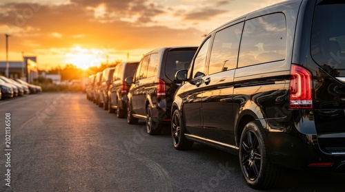 A fleet of black commercial cargo vans and VIP charter vehicles at dusk.
