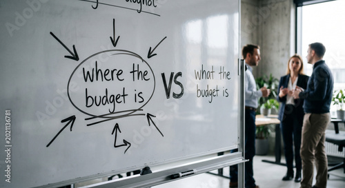 Whiteboard detailing budget allocation strategy during office discussion