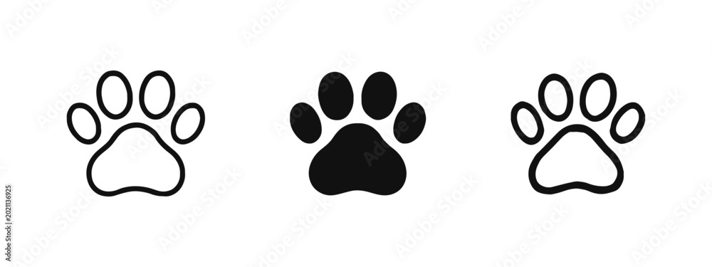 Fototapeta premium Pet Area Paw Print Icon Set in Outline, Solid, and Hand-Drawn Styles