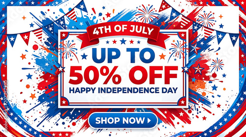 4th of July 50 percent off sale banner with blue and red splatter art