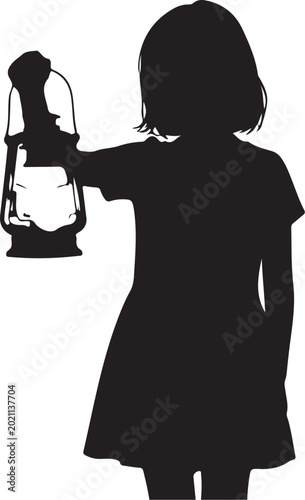 Little girl holding lantern, silhouette illustration, black and white, child with lamp, kid holding light