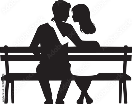 Romantic Couple Silhouette, Lovers on Bench, Vector Illustration, Black and White