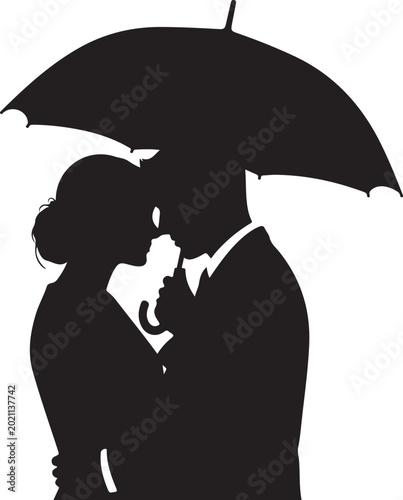 Romantic couple silhouette, love and kiss under umbrella, black vector icon, relationship symbol