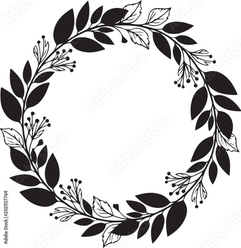 Black floral wreath, leafy circle frame, botanical illustration, vector border