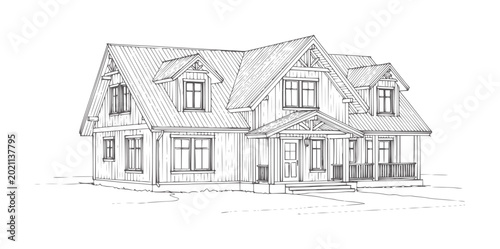 Tableau sur toile Of a two story wood sided house with gabled roof and porch architectural buildin