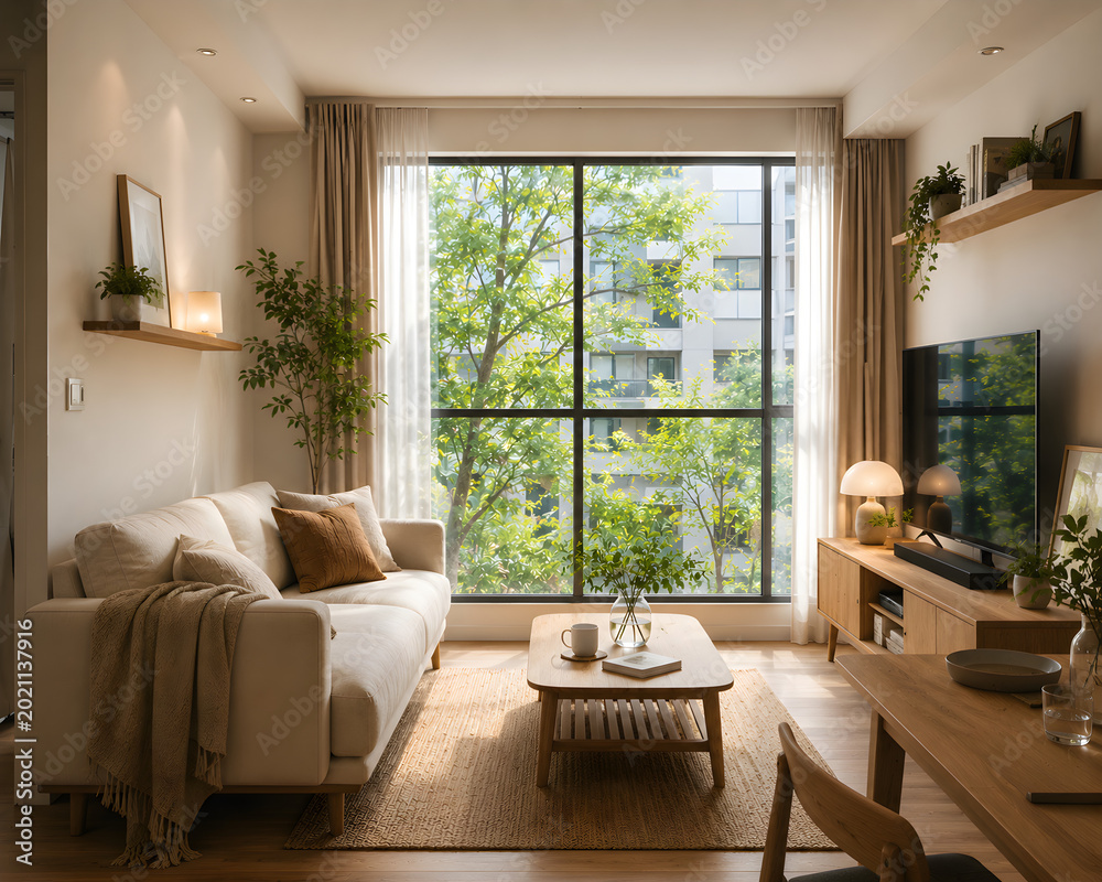 Fototapeta premium Modern Minimalist Apartment Interior Design Bright Contemporary Living Room with Large Window Warm Japandi Style Living Space