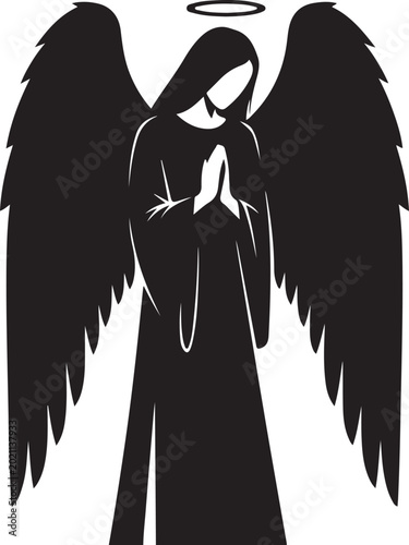 Praying Angel, Black Silhouette, Wings, Halo, Religious Icon, Vector Graphic