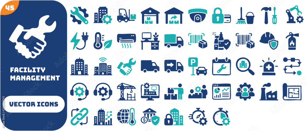 Fototapeta premium Facility management icon set featuring maintenance, security, logistics, and property operations. Blue flat vector icons for business.