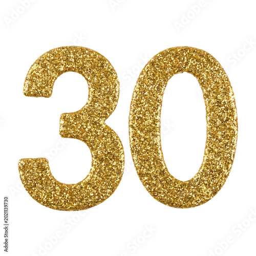 Gold glitter number 30, thirtieth milestone birthday clipart