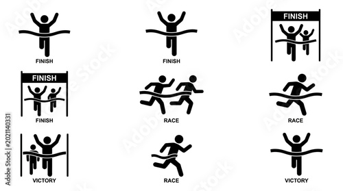 Stick figures running crossing finish line.