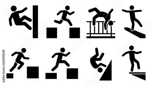 Black silhouettes of people running jumping.