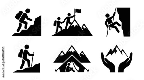 Hiking and climbing people icons set.