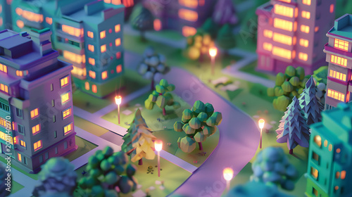 3D isometric low poly residential district with cozy apartment buildings and park at night illustration