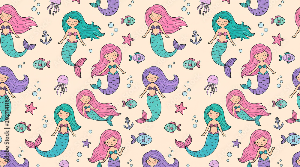 Naklejka premium Cute Seamless Mermaid Pattern