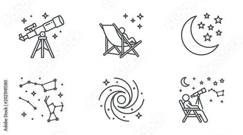 Astronomy Icons Set Depicts Telescope Constellations Galaxy and Moon