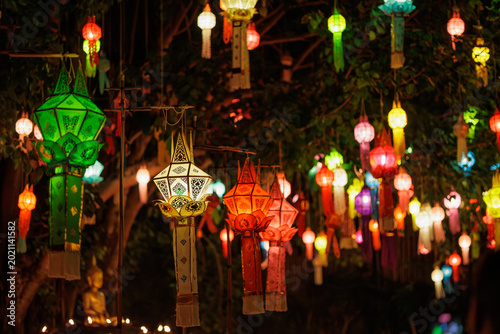 Colorful lanna lanterns illuminating night festival in Chiang Mai