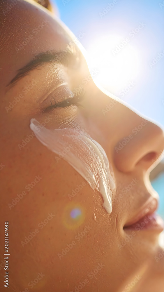 Fototapeta premium Summer Glow Protection: Close up of premium sunscreen cream smoothed onto human skin feeling relaxed and protected under bright summer sun during vacation