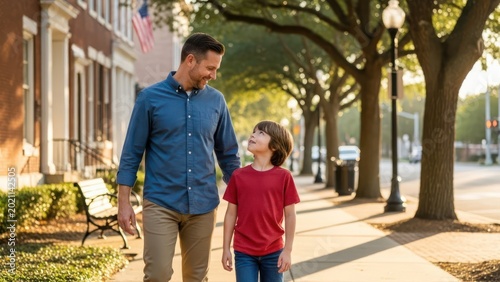 Heartwarming stroll father and son, bonding moment on sunlit sidewalk, creating lasting memories,