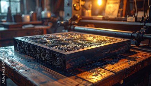 Metal plate engraving process in workshop with vintage machinery