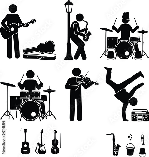 set of musical instruments and street musicians vector Silhouette 