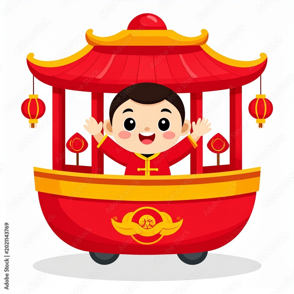 Fototapeta premium Cartoon child celebrating in traditional red and gold festival boat with lanterns