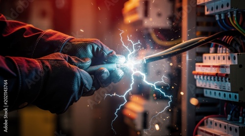 An electrician's gloved hands cause a dangerous electrical arc flash while working on wires in a fuse box.