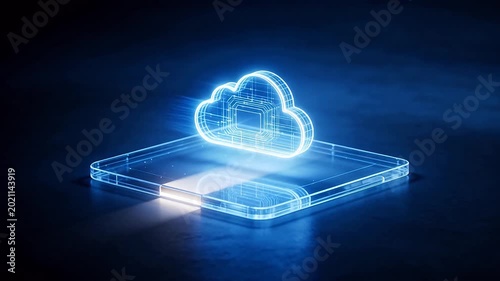Glowing blue digital cloud model with circuit lines on transparent base in dark background
