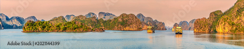 Photos A panorama view of Karst limestone islets and cruise ships in the glow of the se