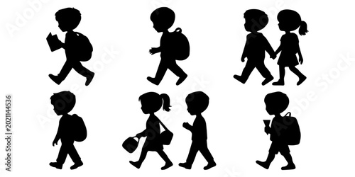 Konstfotografi School children silhouettes with backpacks, student icons set, kids walking vector, primary school pupils going to class, kids education collection, back view and side view profile graphics concept