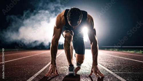 Determined Male Athlete in Sprint Start Position on Track at Night
