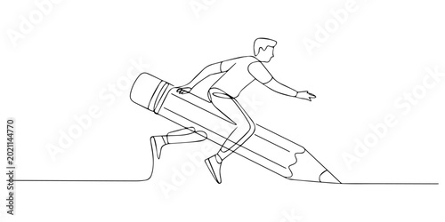 Obraz na płótnie Student with backpack riding a big pencil in one continuous line drawing, back to school drawing line theme