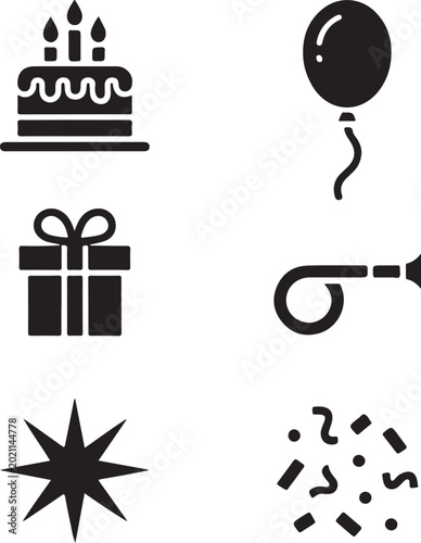 Birthday Party Solid Icon Set with Cake Gift Balloon and Confetti Vectors