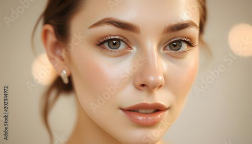 Close-up portrait of female with subtle makeup, delicate earrings, and neutral expression against blurred warm background.
