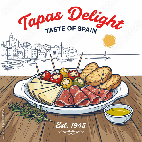 Foto An inviting tapas platter is presented, featuring a variety of traditional Spanish dishes, perfect for enjoying with friends in a picturesque setting