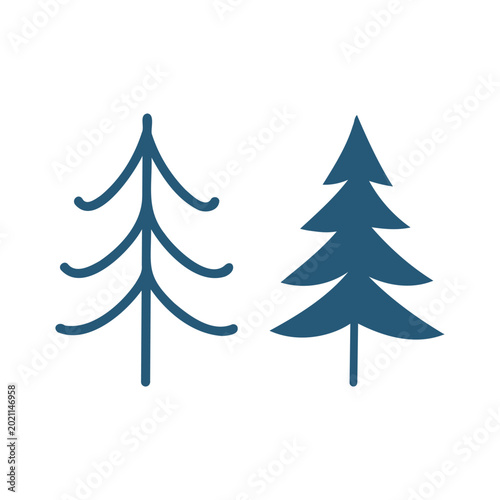 Minimalist Pine Tree Icons, Spruce Silhouette and Line Art Vector