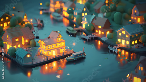 3D isometric low poly riverside city with cozy buildings and bridge at night illustration