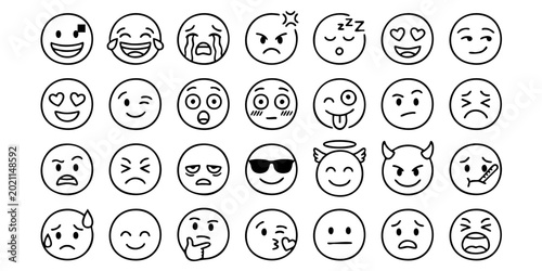 Bild auf Leinwand A collection of various emoticon faces are illustrated on a white background
