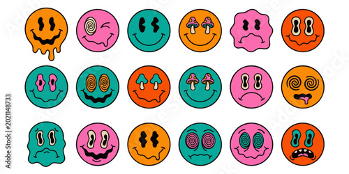 Foto A collection of colorful emoticon faces expressing various emotions on a white b